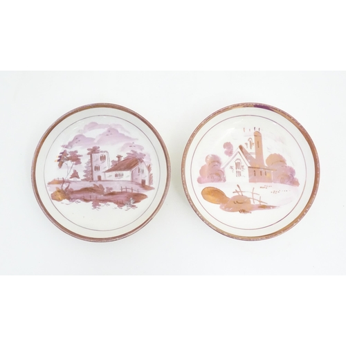 224 - Two Sunderland lustre tea bowls and saucers with hand painted rural church scenes. Together with two... 