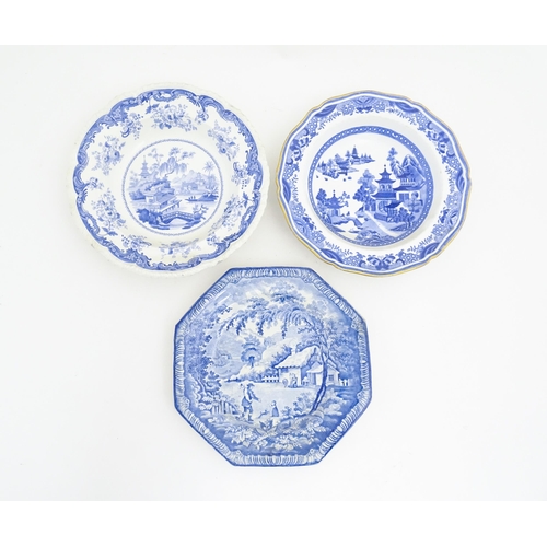 226 - Eight assorted blue and white plates / dishes to include a Minton plate in the pattern Chinese Marin... 