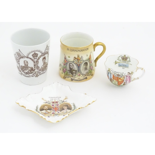 230 - Four commemorative George V Coronation wares to include beaker, tankard, tea cup and pin dish. Maker... 