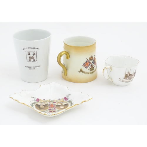 230 - Four commemorative George V Coronation wares to include beaker, tankard, tea cup and pin dish. Maker... 