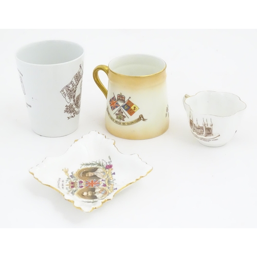 230 - Four commemorative George V Coronation wares to include beaker, tankard, tea cup and pin dish. Maker... 