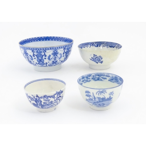 242 - Assorted blue and white wares to include a Liverpool style bowl decorated with flowers and foliage, ... 