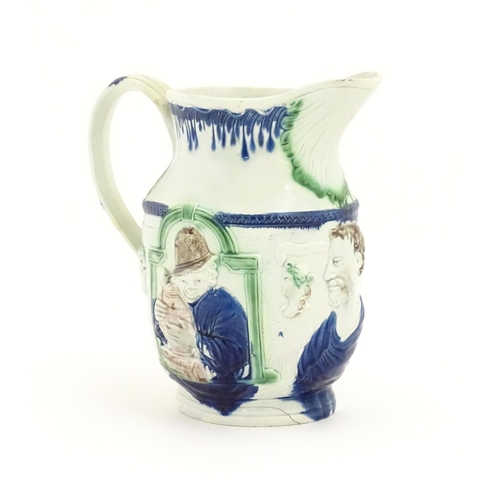 120 - A 19thC Shakespeare jug decorated in Pratt colours and decorated in relief with portraits of the Mis... 