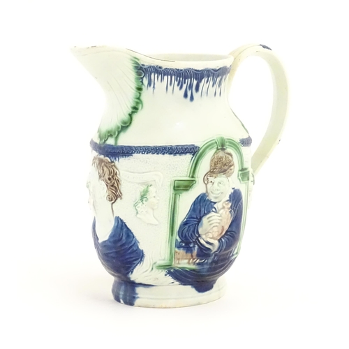 120 - A 19thC Shakespeare jug decorated in Pratt colours and decorated in relief with portraits of the Mis... 