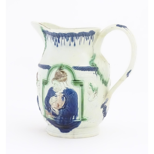 120 - A 19thC Shakespeare jug decorated in Pratt colours and decorated in relief with portraits of the Mis... 