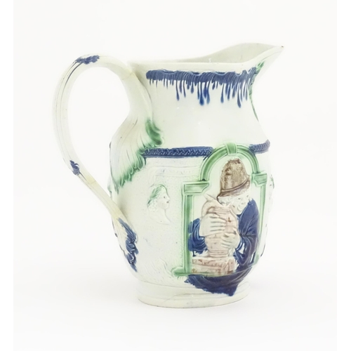 120 - A 19thC Shakespeare jug decorated in Pratt colours and decorated in relief with portraits of the Mis... 