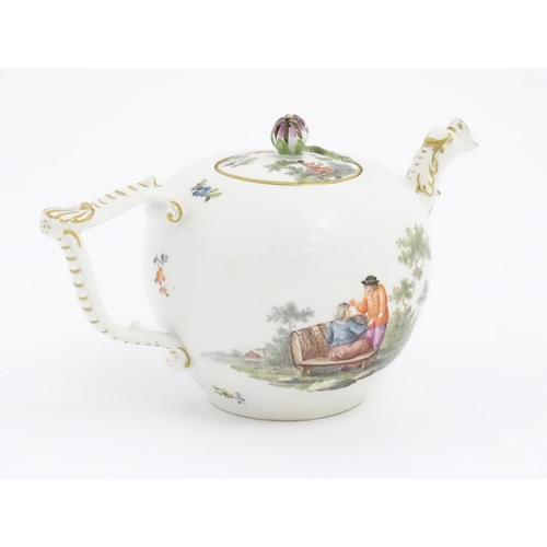 66 - A Meissen teapot decorated with pastoral scenes with figures in a rural landscape. The spout modelle... 