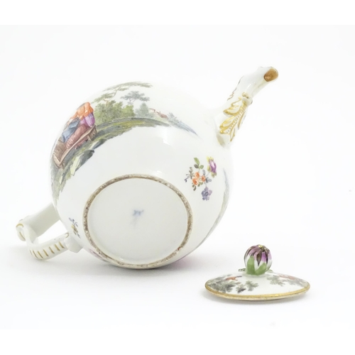 66 - A Meissen teapot decorated with pastoral scenes with figures in a rural landscape. The spout modelle... 