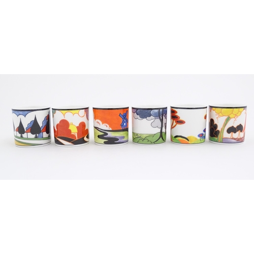 87 - Six Wedgwood Clarice Cliff Centenary coffee cups and saucers in the patterns Windmill, Autumn, May A... 