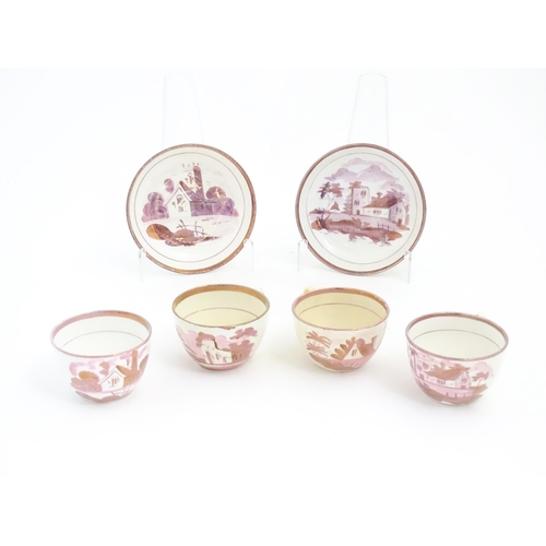 224 - Two Sunderland lustre tea bowls and saucers with hand painted rural church scenes. Together with two... 