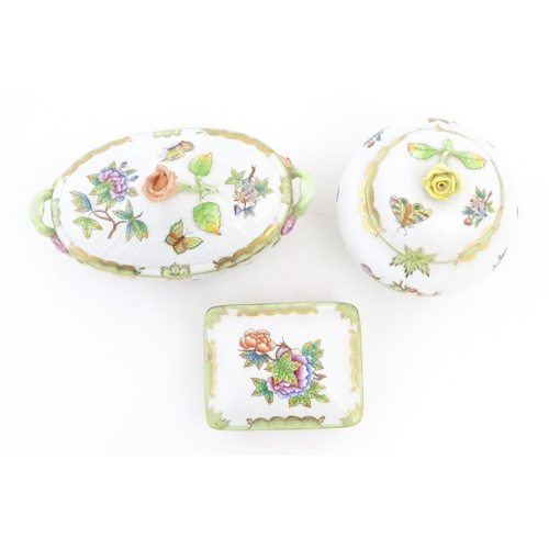 257 - Three items of Herend porcelain decorated in the Queen Victoria pattern comprising two lidded pots w... 