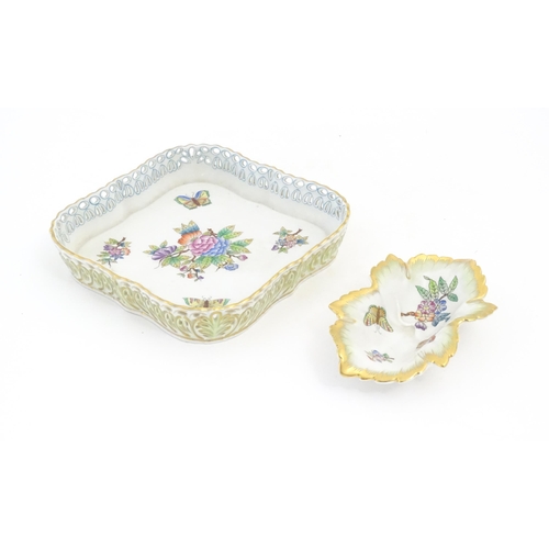 258 - Two items of Herend porcelain decorated in the Queen Victoria pattern comprising a dish of squared f... 