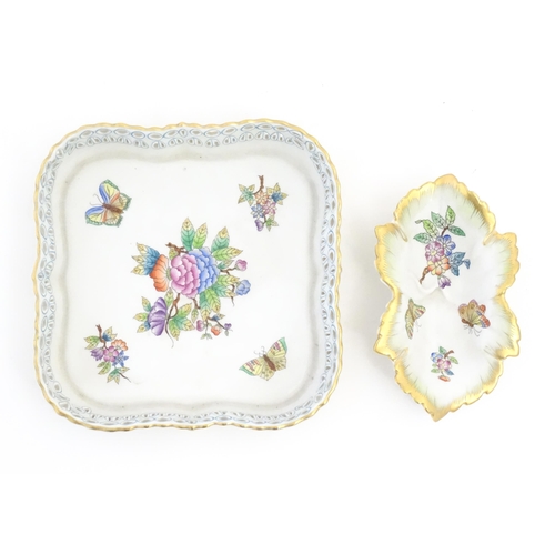 258 - Two items of Herend porcelain decorated in the Queen Victoria pattern comprising a dish of squared f... 