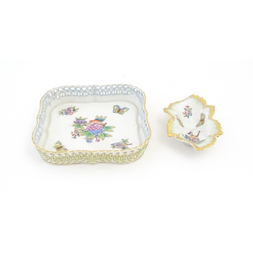 258 - Two items of Herend porcelain decorated in the Queen Victoria pattern comprising a dish of squared f... 