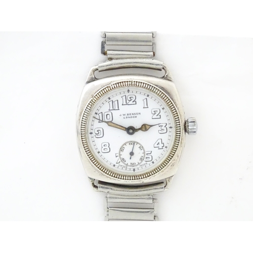 820 - J.W. Benson silver cased military style watch. The case bearing marks for Schwob Freres & Co and the... 