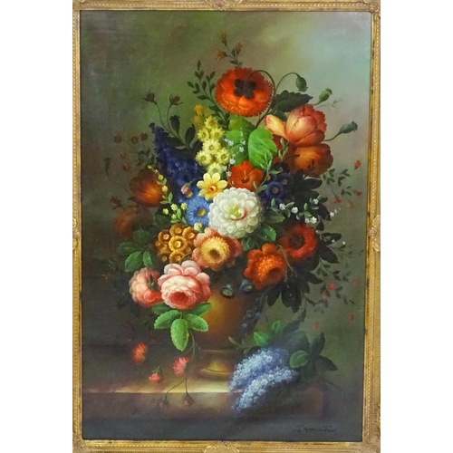 1801 - F. Hamilton, 20th century, Oil on canvas, A still life study with flowers in bloom on a marble ledge... 