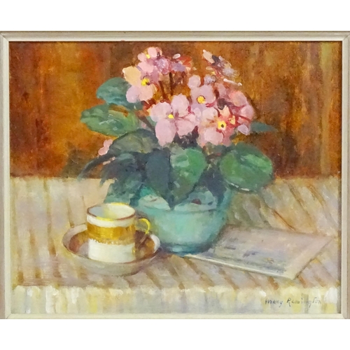 1807 - Mary Remington (1910-2003), Oil on board, A still life study in pinks and greens with flowers and a ... 