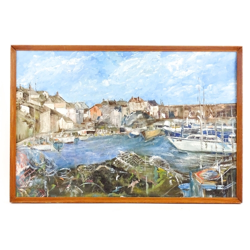 1813 - Joy Day, 20th century, Cornish School, Oil on board, Mevagissey, Cornwall, A view of boats in the ha... 