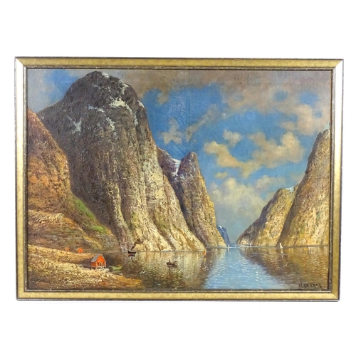 1815 - H. Kerner, Late 19th century, Oil on canvas, A Norwegian Fjord with boats and birds. Signed lower ri... 