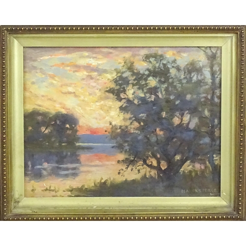 1821 - Harry Spence (1860-1928), Oil on board, A wooded river landscape at sunset. Signed lower right. Appr... 