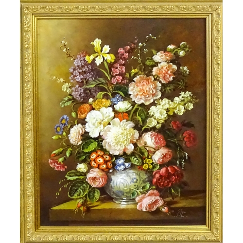 1822 - 20th century, Oil on board, A still life study with flowers in bloom. Signed with monogram JA lower ... 