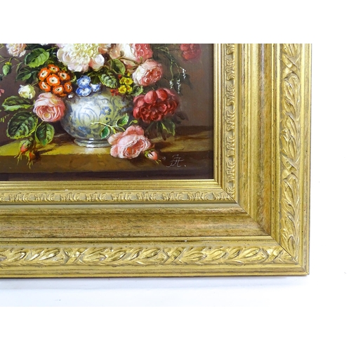 1822 - 20th century, Oil on board, A still life study with flowers in bloom. Signed with monogram JA lower ... 