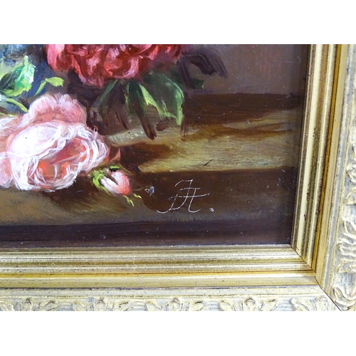 1822 - 20th century, Oil on board, A still life study with flowers in bloom. Signed with monogram JA lower ... 