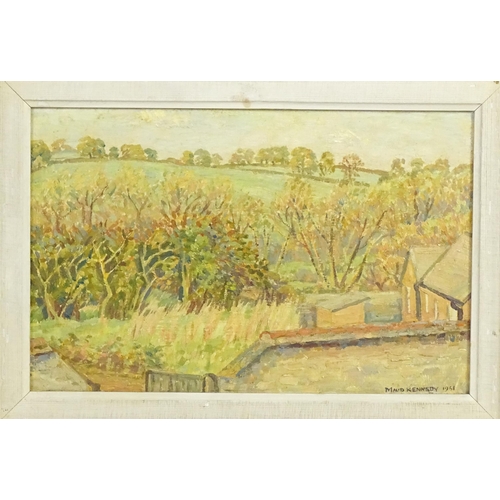 1823 - Maud Kennedy, 20th century, Oil on board, An Oxfordshire landscape with houses and trees. Signed and... 