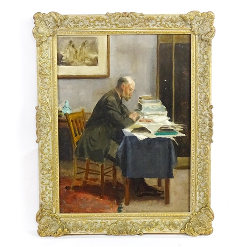 Late 19th / early 20th century, Modern British School, Oil on canvas, An interior scene with a gentleman studying papers. Approx. 16" x 12"