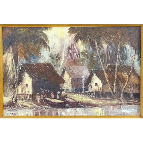 1827 - Mohd Zain Idris, 20th century, Malaysian School, Oil on canvas, A waterside village scene with figur... 