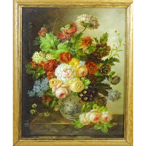 1828 - Manner of Emilio Greco, 20th century, Oil on board, A still life study of summer blooms in a vase on... 