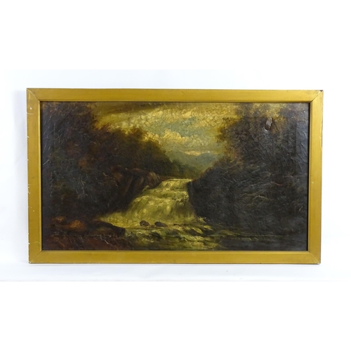 1832 - 19th century, Oil on canvas, A pair of wooded river landscape scenes, one with a waterfall. Indistin... 