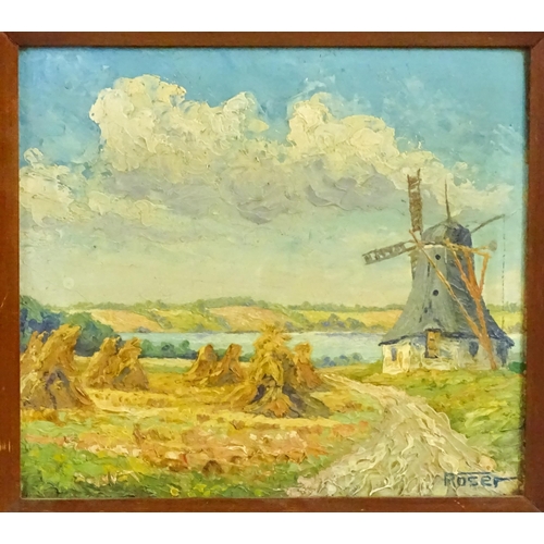 1847 - Roser, 20th century, Oil on board, A North German landscape with a windmill and hay stooks by a rive... 