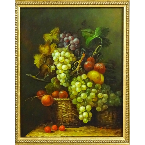 1852 - F. Scott, 20th century, Oil on board, A still life study with fruit in woven baskets. Signed lower r... 