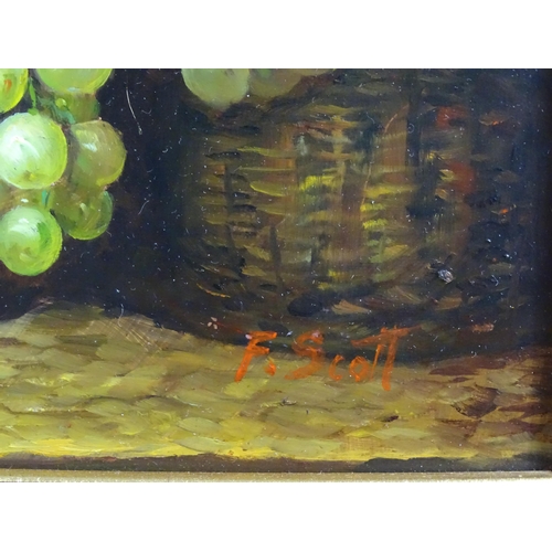 1852 - F. Scott, 20th century, Oil on board, A still life study with fruit in woven baskets. Signed lower r... 