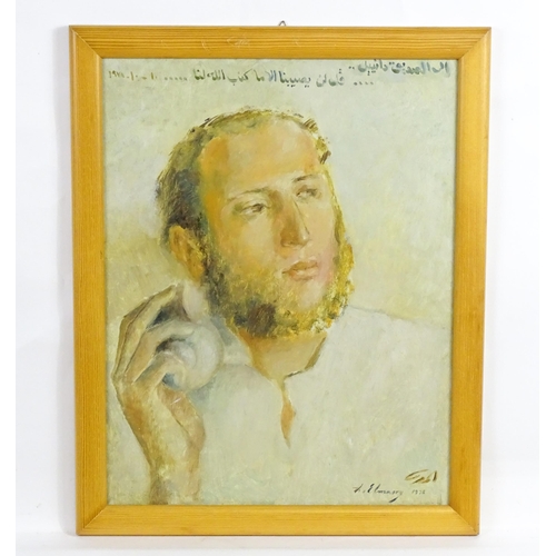1856 - A. Elmasry, 20th century, Oil on board, A portrait of a bearded man holding a shell. With Arabic scr... 
