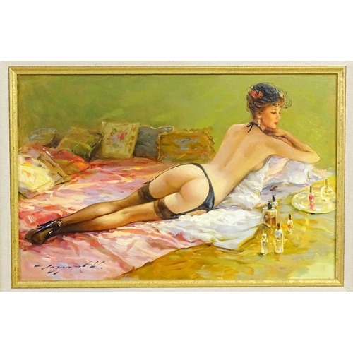 1857 - Konstantin Razumov (b. 1974), Russian School, Oil on canvas, Reclining nude in lingerie. Signed lowe... 