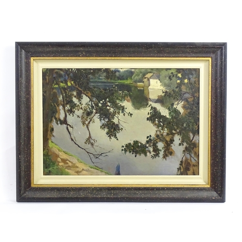 1859 - 20th century, Oil on board, A view of a river and boat house through the trees. Approx. 12