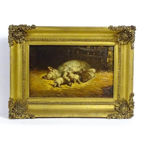 1864 - 19th century, Oil on board, Sow and piglets, A study of pigs feeding in a pigsty. Approx. 5 1/4