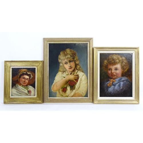 1870 - 20th century, Oil on boards, Three portraits comprising a lady wearing a straw hat, a young girl wit... 