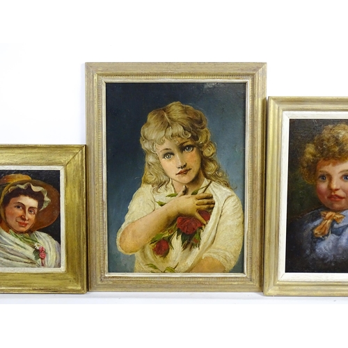 1870 - 20th century, Oil on boards, Three portraits comprising a lady wearing a straw hat, a young girl wit... 