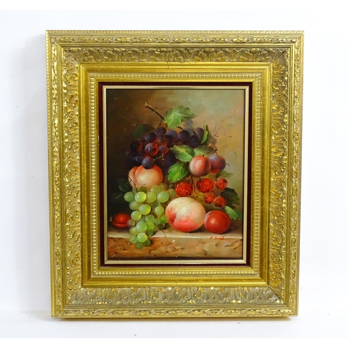 1871 - F. Scott, 20th century, Oil on board, A still life study with peaches, plums, raspberries and grapes... 