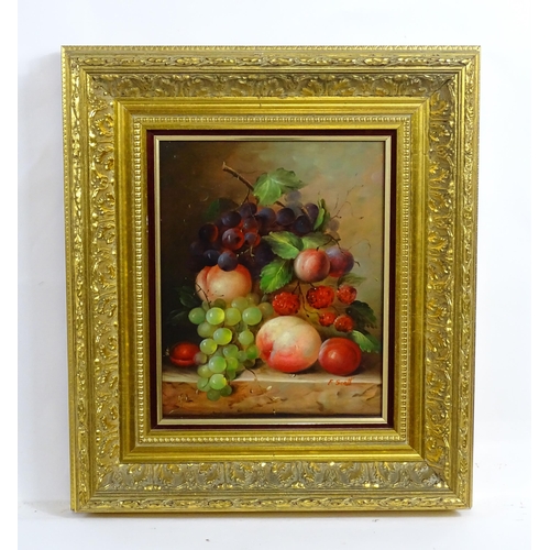 1871 - F. Scott, 20th century, Oil on board, A still life study with peaches, plums, raspberries and grapes... 