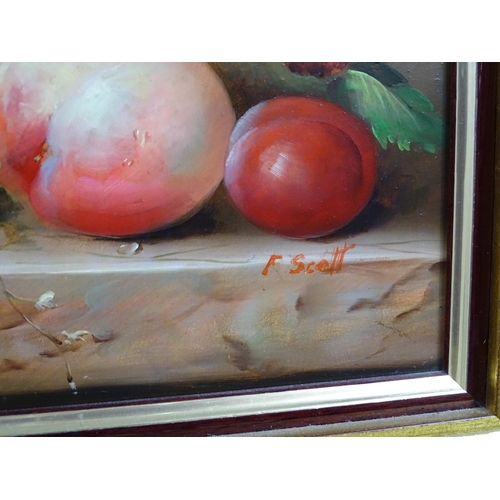 1871 - F. Scott, 20th century, Oil on board, A still life study with peaches, plums, raspberries and grapes... 