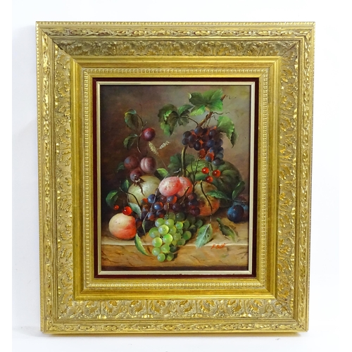 1872 - F. Scott, 20th century, Oil on board, A still life study with peaches, plums, grapes and gourds on a... 