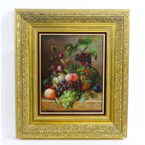 1872 - F. Scott, 20th century, Oil on board, A still life study with peaches, plums, grapes and gourds on a... 