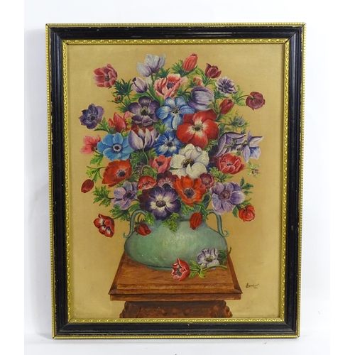 1873 - Lambert, 20th century, Oil on canvas, A still life study with flowers in a twin handled vase. Signed... 