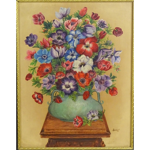 1873 - Lambert, 20th century, Oil on canvas, A still life study with flowers in a twin handled vase. Signed... 