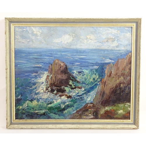 1875 - 20th century, Cornish School, Oil on board, A seascape with waves crashing over the rocks. Approx. 1... 