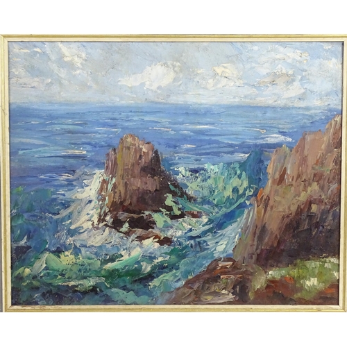 1875 - 20th century, Cornish School, Oil on board, A seascape with waves crashing over the rocks. Approx. 1... 